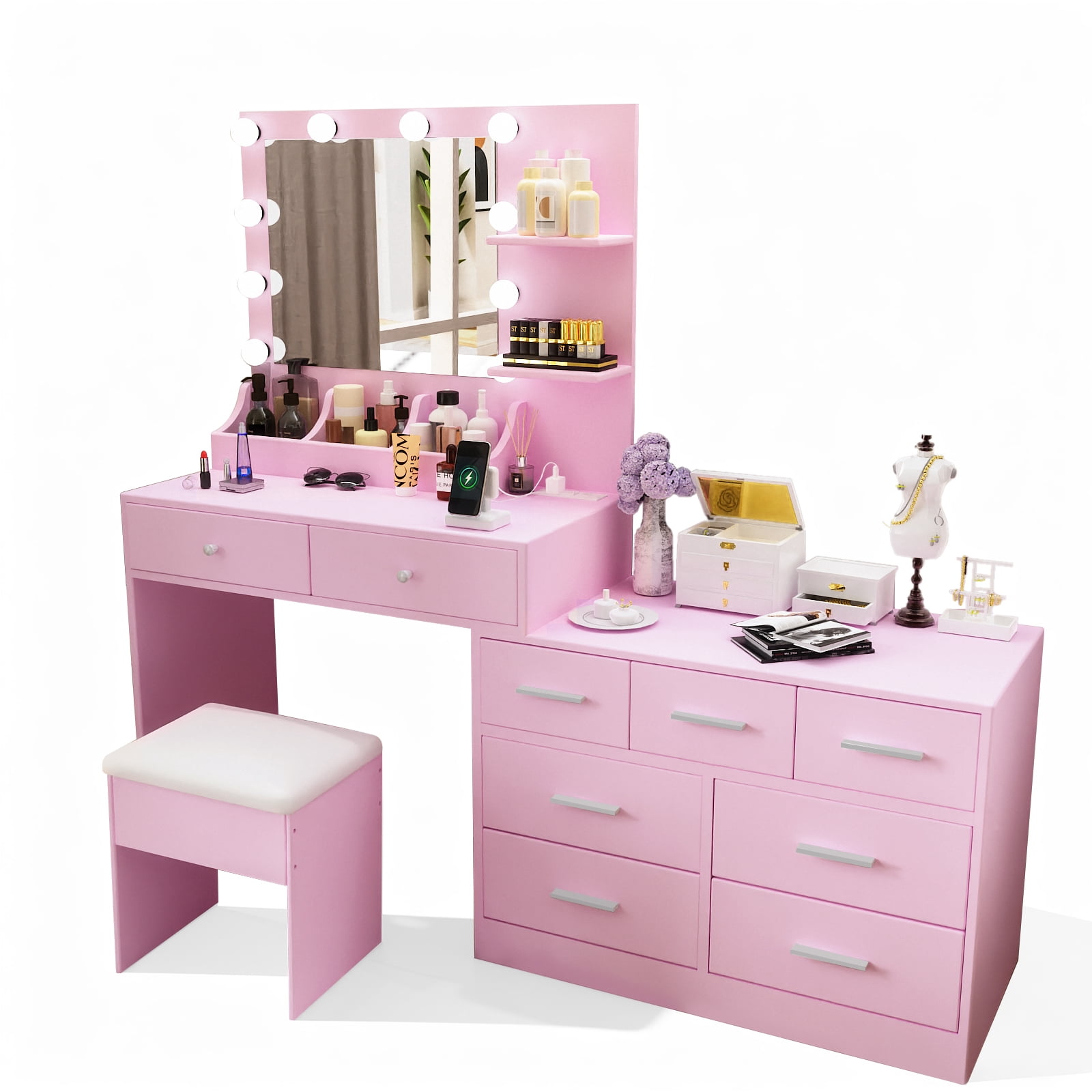 9-Drawer 2-Shelf 3-Desktop Storage Dressing Table Set, Dressing table with 3-Color Light Bulbs Combined Cabinets Particleboard with Textured Melamine Finish, 31.5*15.75*55.1in, Pink