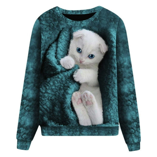 Chandail en Molleton Décontracté à Manches Longues et Col Rond pour Femmes avec Imprimé Animal Chat Mignon, Chandail Sans Capuche pour le Confort