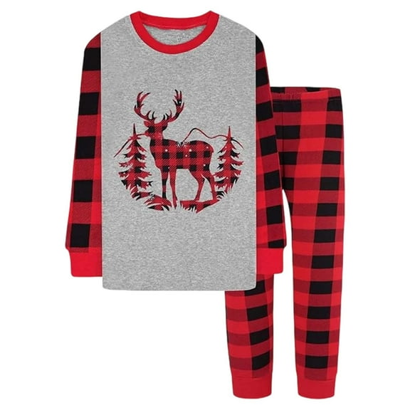 Bainana Unisex Kids Christmas Pajamas Reindeer Print Long Sleeve T-Shirt Plaid Pants Sleepwear Boys And Girls Theme Party Outfit Set, Size 8-9 Years