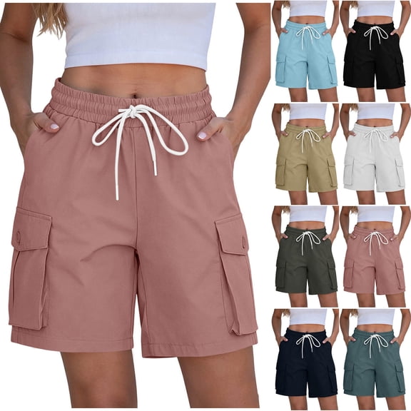 QATAINLAV Hiking Shorts for Women Drawstring High Waisted Pull On Cargo Shorts Solid Loose Wide Leg Golf Long Shorts with Pockets Khaki L
