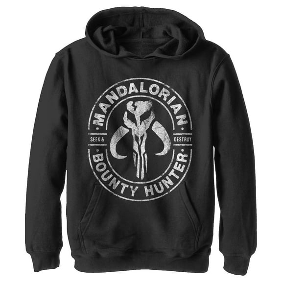 Boy's Star Wars: The Mandalorian Seek & Destroy Stamp Pull Over Hoodie Black X Large