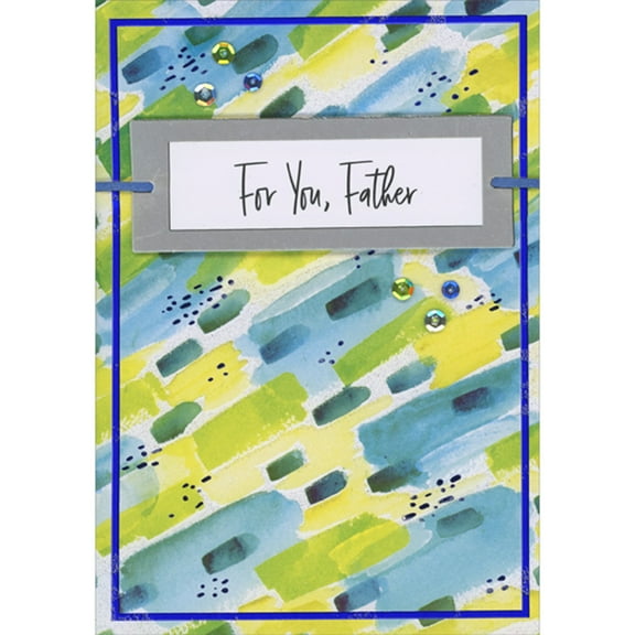 Designer Greetings Silver Foil Rectangular 3D Banner, Blue String, Sequins on Yellow, Green and Blue Diagonal Brush Strokes Hand Decorated Father's Day Card from Son
