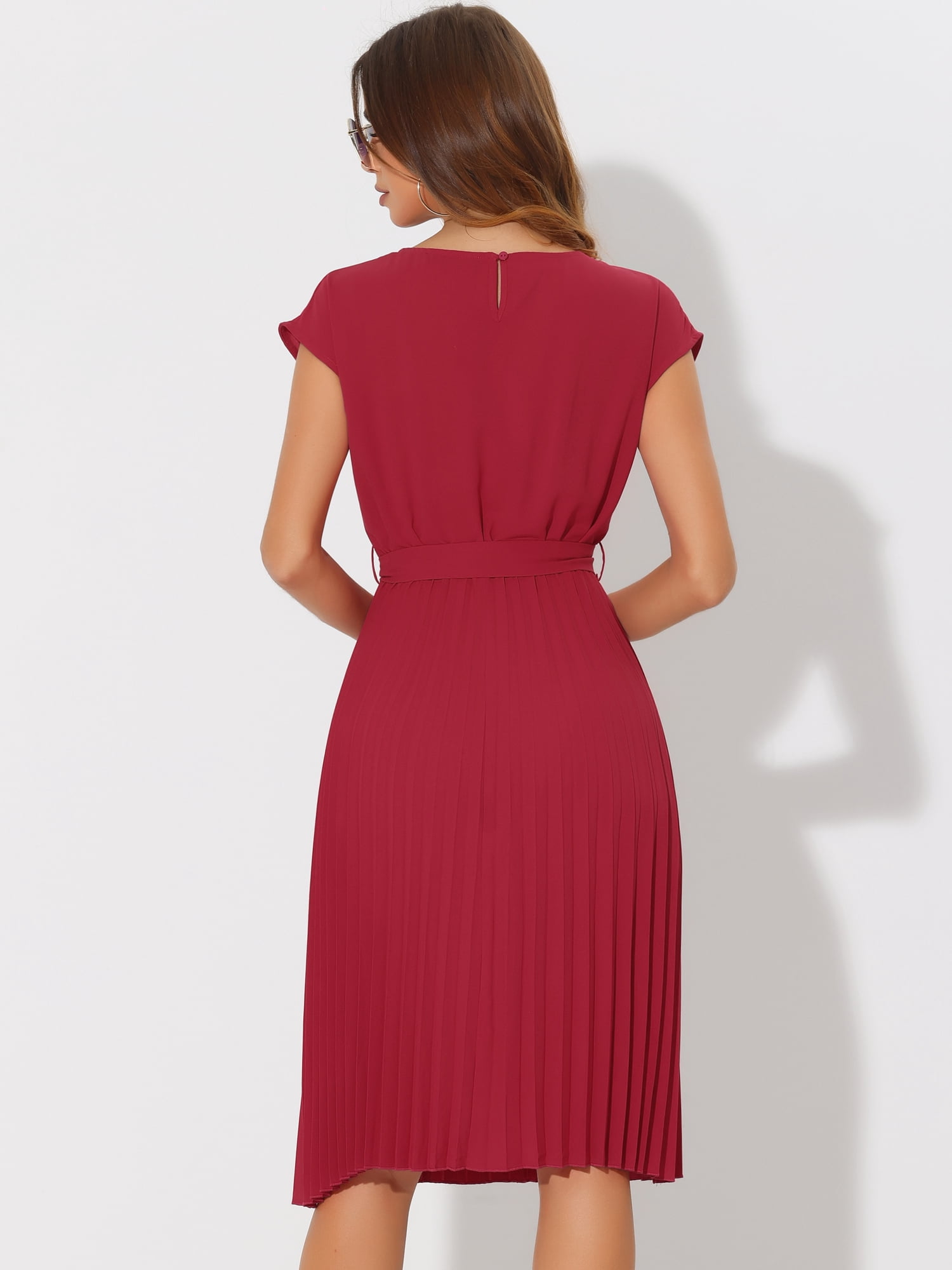 DARING DIVA Pleated Dress Sleeveless Tie Waist A-Line Dress M Red