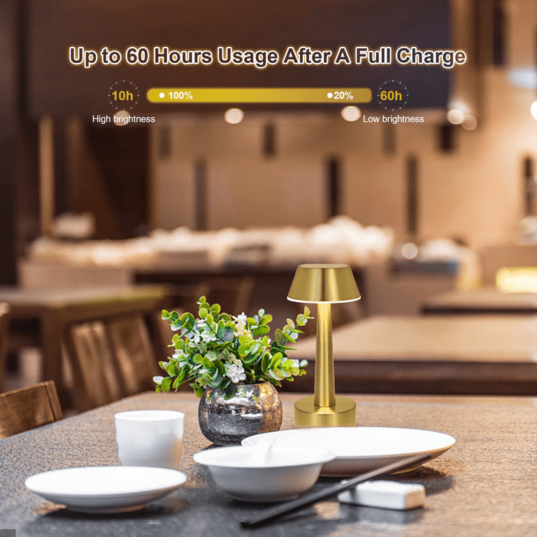 UMEXUS Rechargeable Cordless Table Lamp, 6000mAh Portable Battery Operated  Bedside Lamps, 3-Level Dimmable Metal Touch Control Night Light Small Lamps  for Restaurant/Bedroom/Outdoor, Gold 