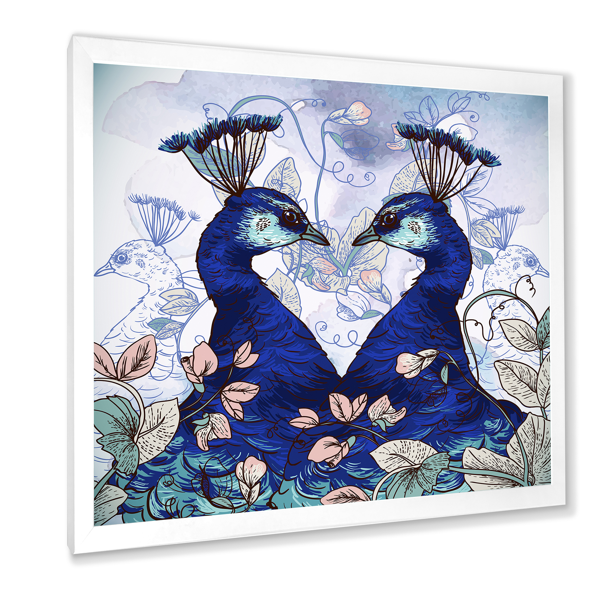 Designart 'Wildflowers With Two Blue Peacocks' Traditional Framed Art Print