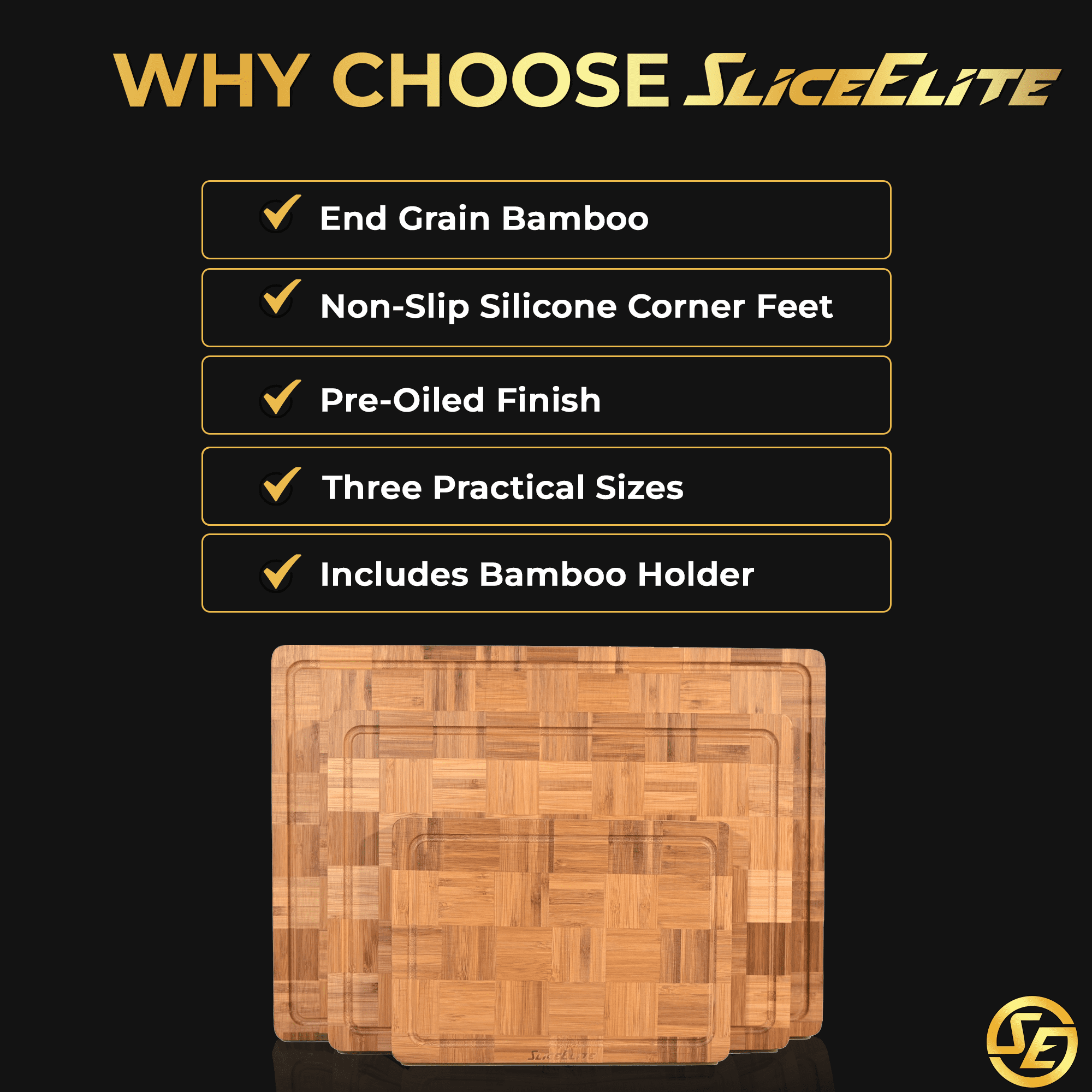 SliceElite 3-Piece Extra Large End Grain Bamboo Cutting Board Set with Holder