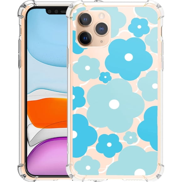 for iPhone 11 Pro Max Case Cute Kawaii Blue Flower Floral Aesthetic Clear Phone Case for Girls Preppy Women -