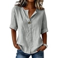 thumbnail image 6 of MAFYTYTPR Women's Notched V-Neck Button Detail Roll Cuff Short Sleeve Blouses Spring Summer Solid Color Loose Casual Tops for Everyday Wear 1PC S-XXL, 6 of 8