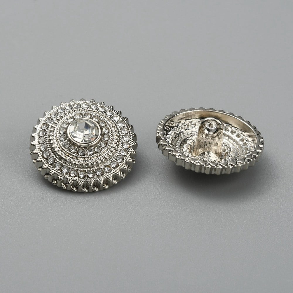 1-Hole Alloy Button with Rhinestone Flat Round Platinum 20x10.5mm Hole: 2mm