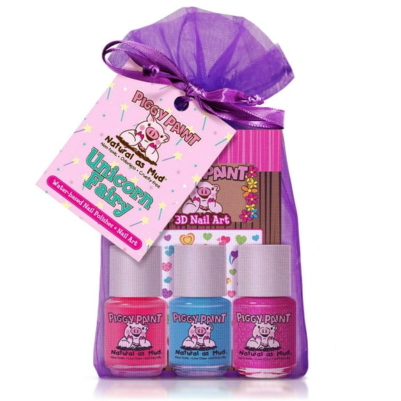 Piggy Paint Unicorn Fairy Gift Set for Kids, 3 Non-toxic Nail Polishes & Nail Art