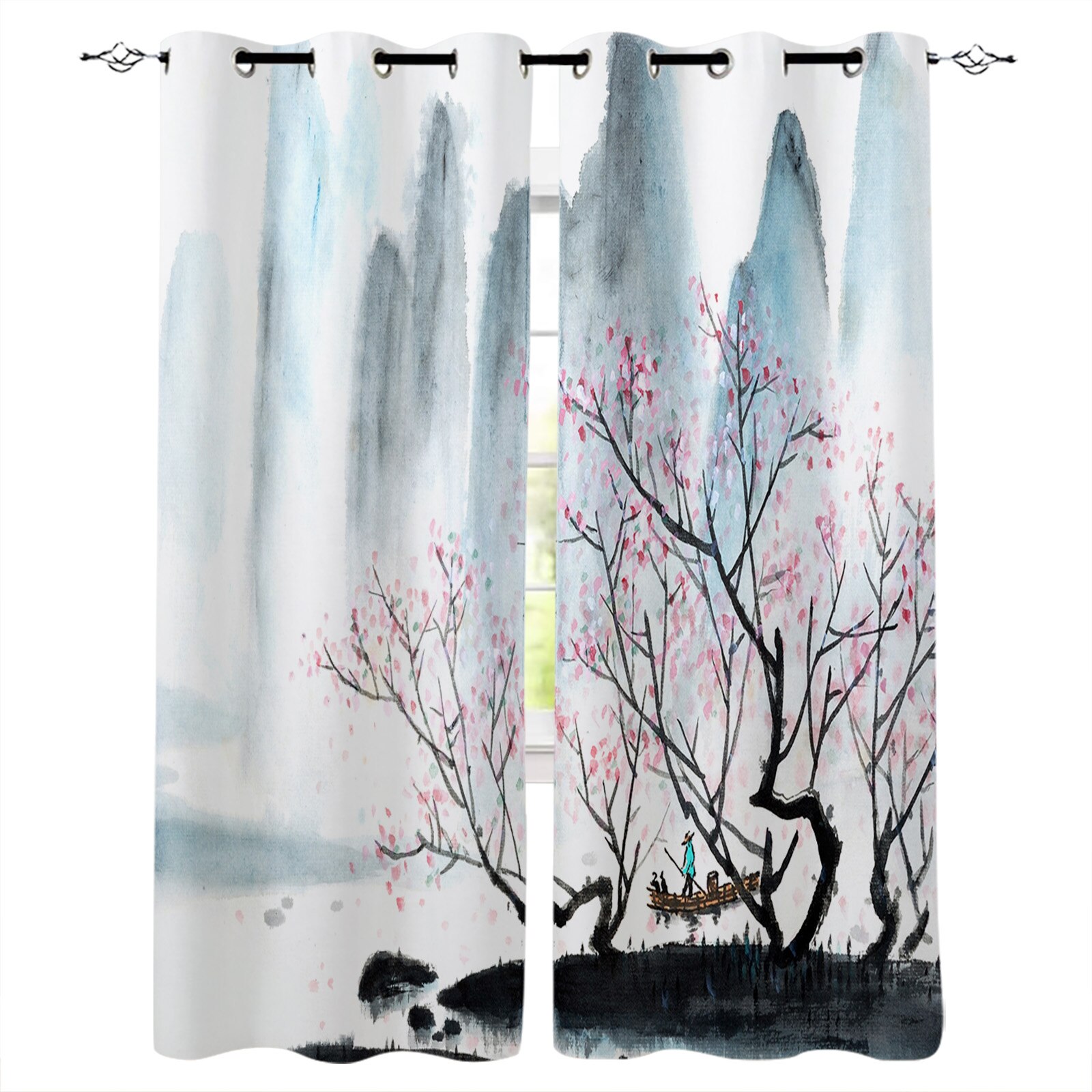 Asian Curtains Traditional Chinese Painting Landscape Sakura Cherry ...