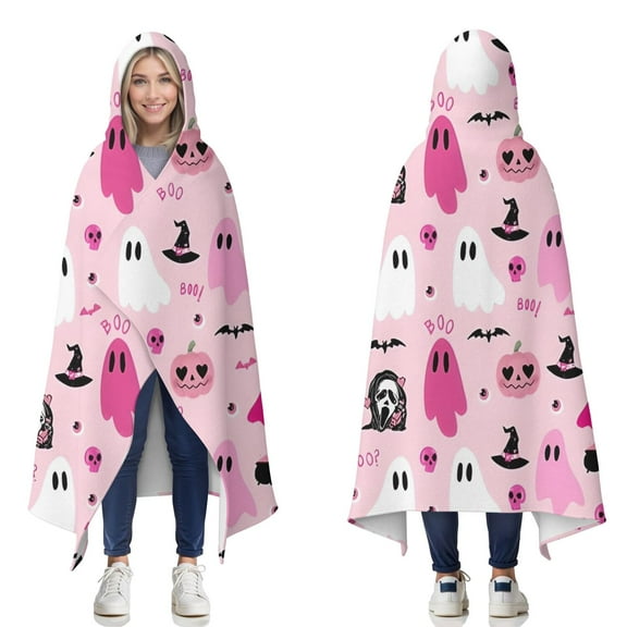 Wearable Blanket,Halloween Pink Ghosts and Witchy Elements Hooded Wearable Flannel Blanket for Adults & Teens,Winter Poncho Shawl Wrap Cape Cozy Anti-Pill,50"x60"