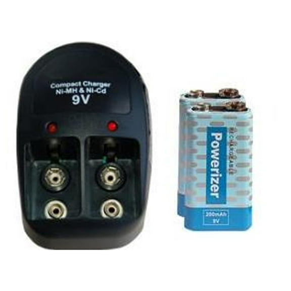 V-228 Two Bay 9 Volt Charger + 2-Pack 9 Volt Powerizer NiMH Batteries (200 mAh)
