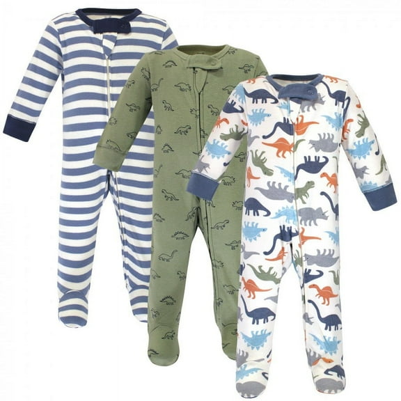 Touched by Nature Baby Boy Organic Cotton Zipper Sleep and Play 3pk, Dinosaurs, 0-3 Months