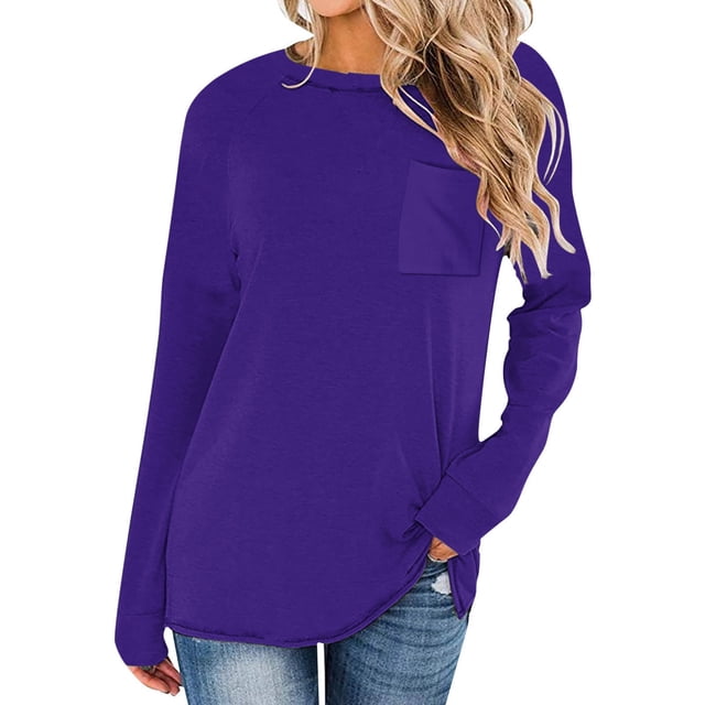 Vente Liquidation de Hauts pour Femmes! Hauts à Manches Longues pour Femmes 2025 Mode d'Automne Décontractée Chandail à Col Rond Chemise Ample Confortable Couleur Unie Hauts avec Poches Violet m