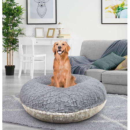 Bessie and Barnie Signature Serenity Grey / Serenity Ivory Luxury Extra Plush Faux Fur Bagel Pet/Dog Bed