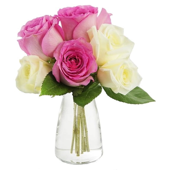 KaBloom : 3 Pink and 3 White Rose with Vase, Next-Day Delivery, Gift for Every Occasion.