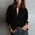 thumbnail image 2 of Staron Women's Casual Blouse Half Zip Puff Sleeve Collared V Neck Loose Fit Boho Shirt Top, Black XL, 2 of 7