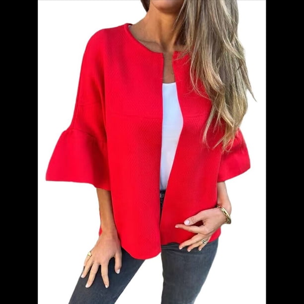 Chaqueta de Traje Informal Elegante con Abertura Frontal, Acampanada y Mangas 3/4 para Mujer. Rojo M