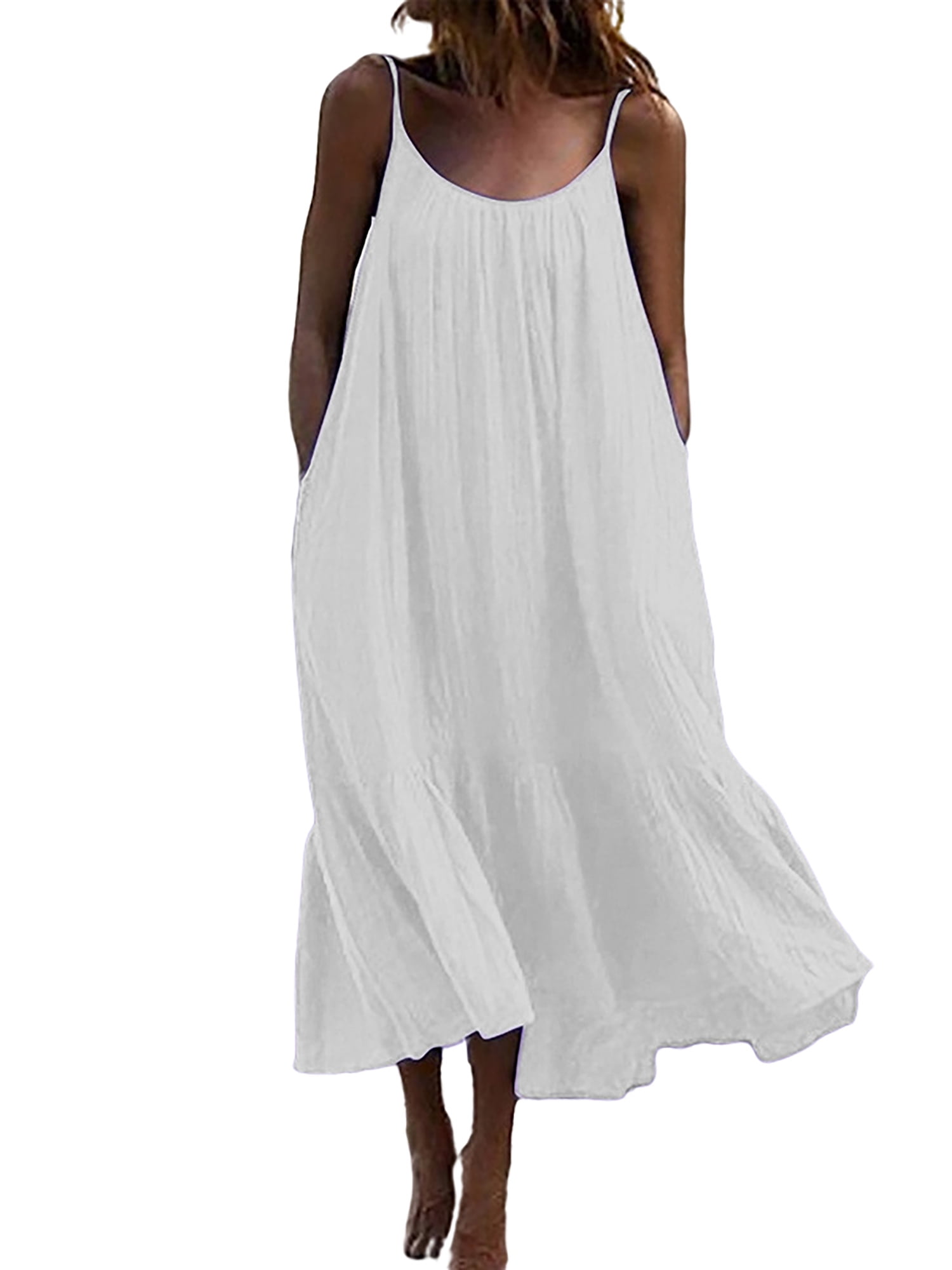 Women Cotton Strappy Bow Long Shirt Dress Summer Beach Solid Maxi Tank Sundress