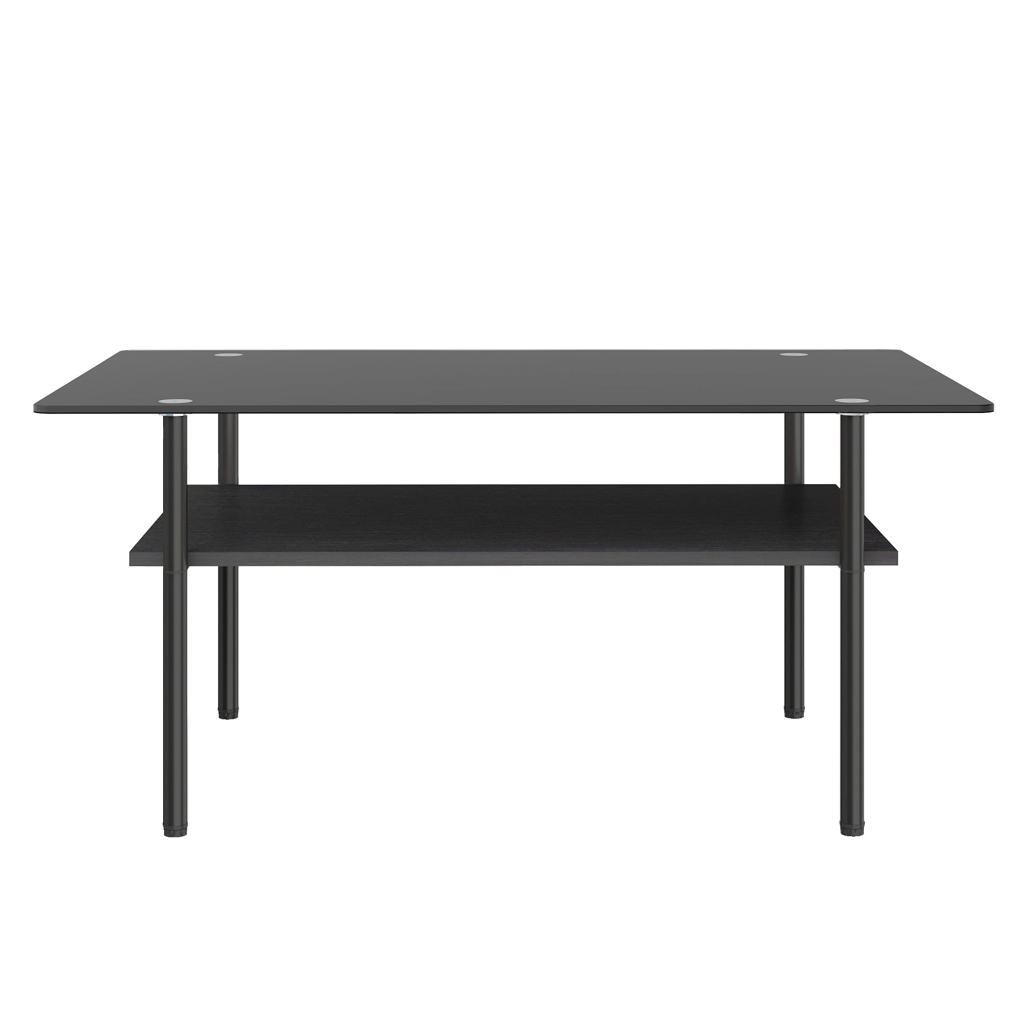 Modern Rectangular Glass Coffee Table with Tempered Glass Top and Wood Shelf, 38.6-Inch Center Table for Living Room, Black