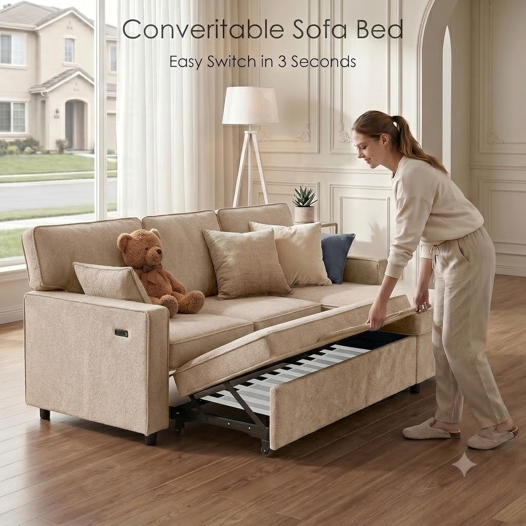 avobird 85.5'' Pull Out Sofa Bed, L Shaped Sleeper Sofa with Flip-Down Center Console & Charging Ports, Chenille Convertible Sofa for Apartment/Living Room, Light Brown