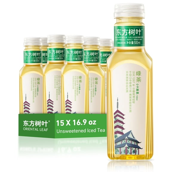 ORIENTAL LEAF Unsweetened Iced Tea – Bottled Green Tea, 16.9 FL oz bottles (Pack of 15), Brewed Tea Drinks, Sugar Free, 0 Calories