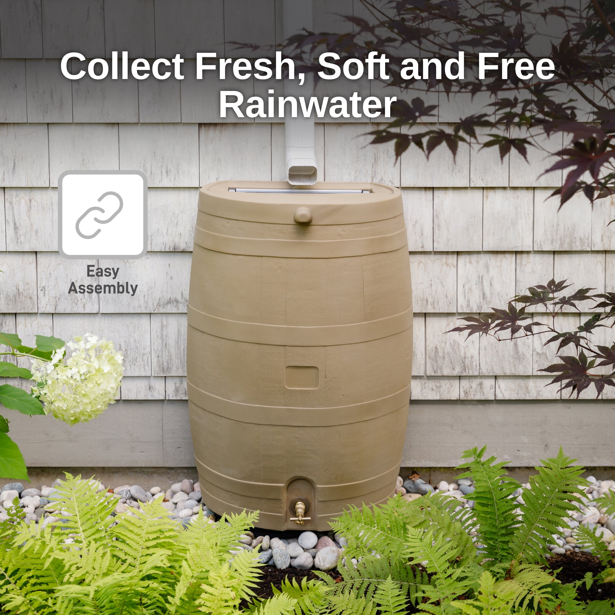 RTS Home Accents Polyethylene 50 Gallon Flat Back Brass Spigot Rain Barrel, Oak Color
