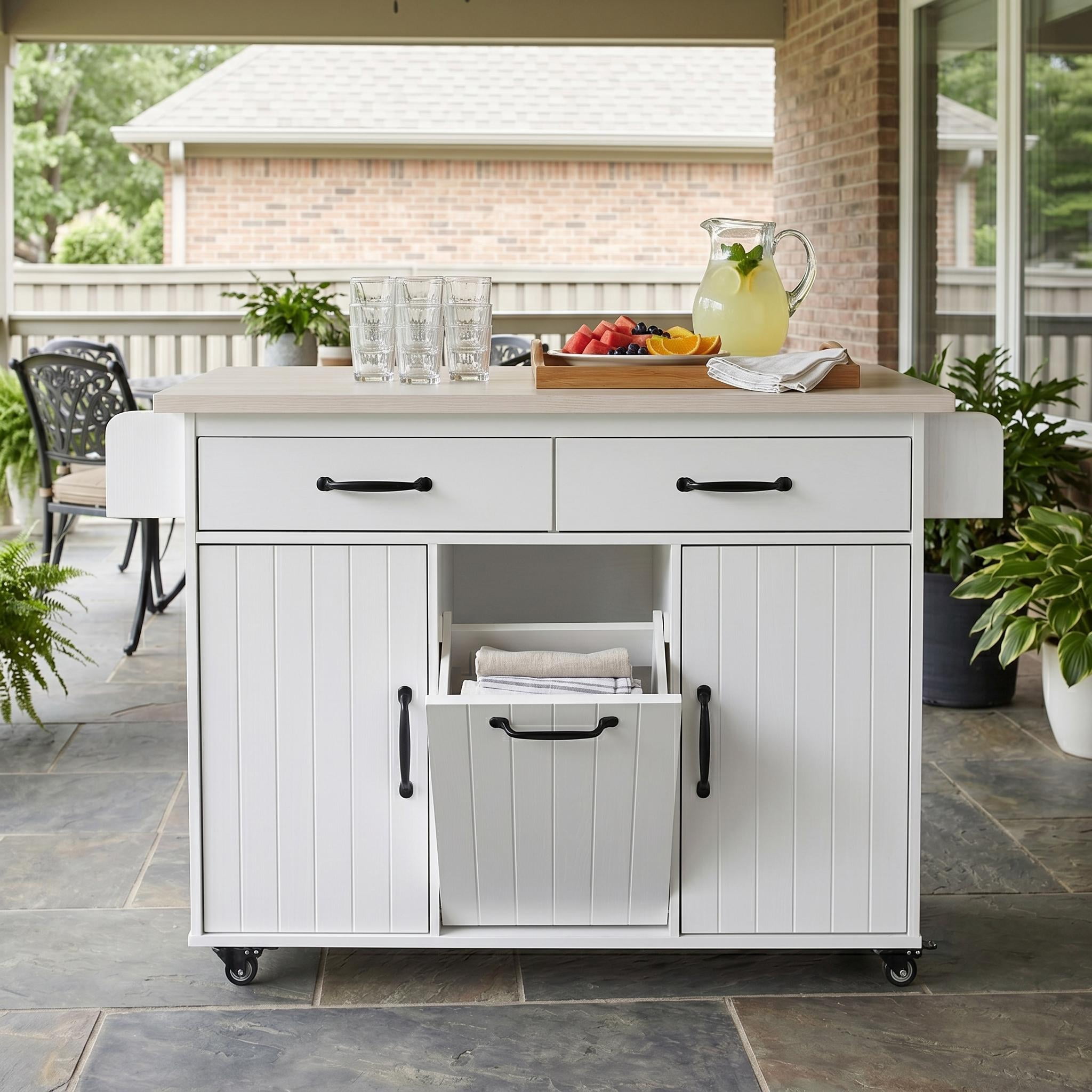 Homy Casa Kitchen Island Cart with Drop Leaf, Tilt-Out Trash Cabinet, Storage Shelves & Drawers, White