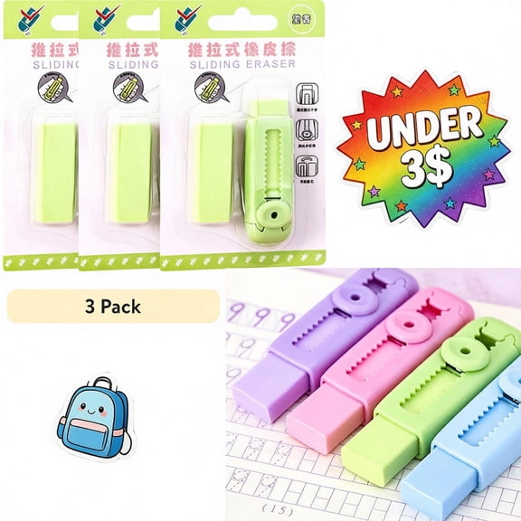 FEOLGEHLY 3PCS Push andPull Retractable Erasers 3*Refill, Pastel Colors Pencil Eraser, Eraser for Office Exam, Pencil Erasers for Writing Drawing, Office Supplies, Stationery (B)