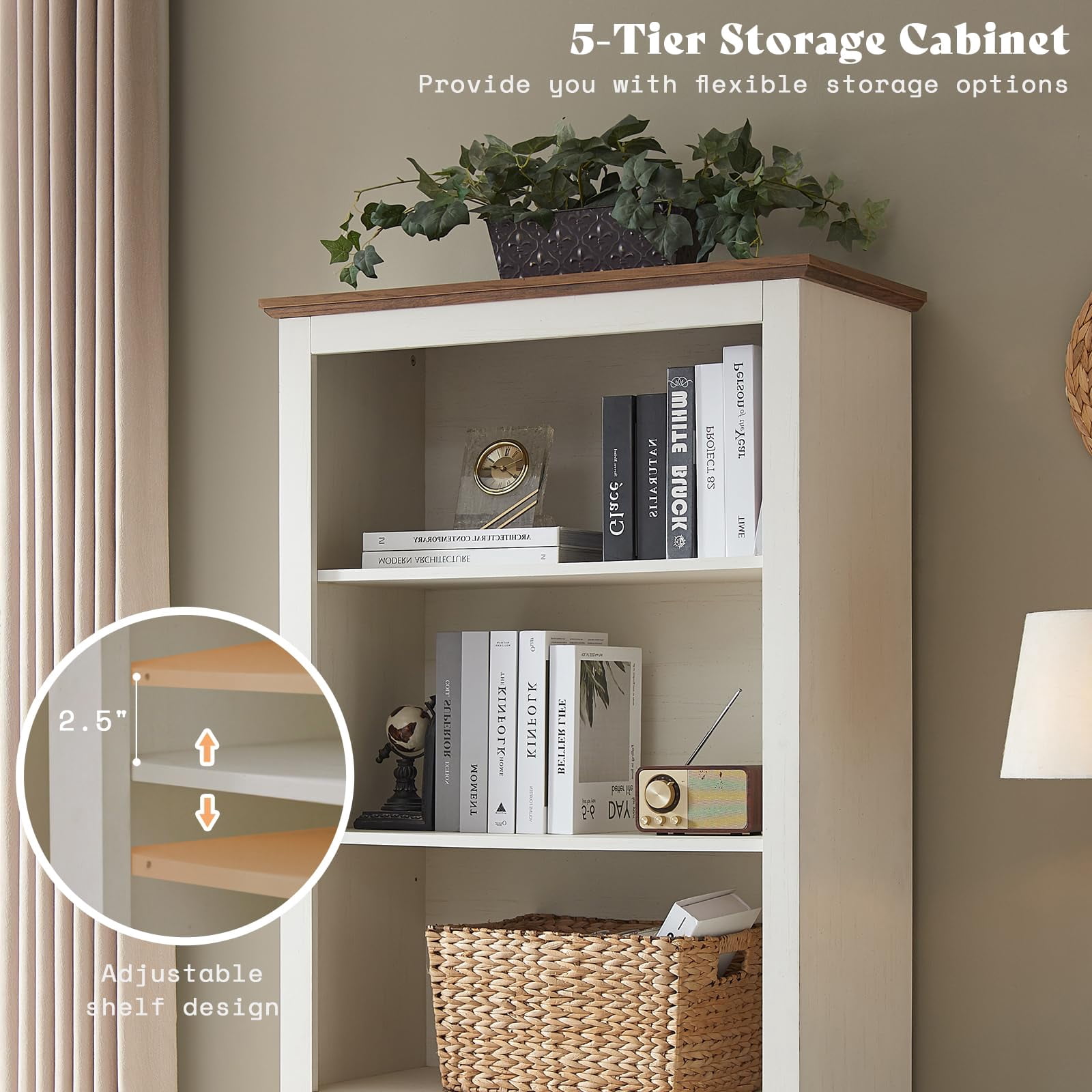 5-Shelf Farmhouse Bookshelf with Doors, 70" Rustic Display Cabinet & Large Storage for Home Office, Living Room, Bedroom, Off-White