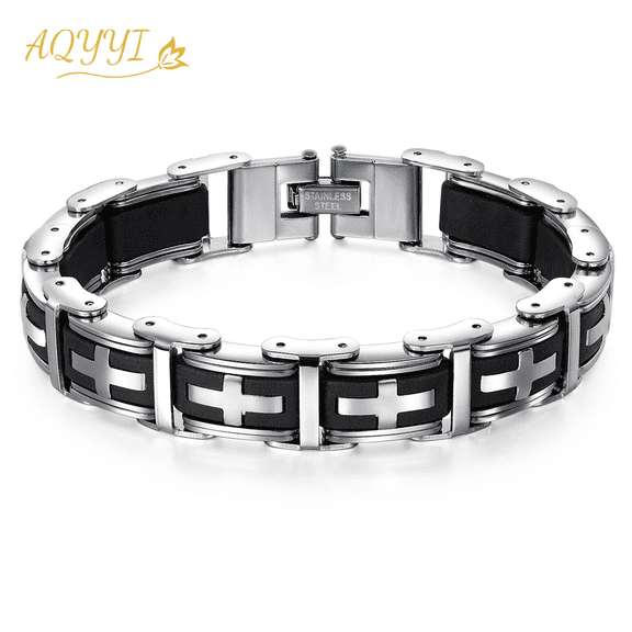 AQYYI Cross Link Bracelet for Men, Black & Silver Tone Religious Charm Bracelet, Durable Masculine Wristband with Secure Clasp, Casual & Daily Wear Jewelry