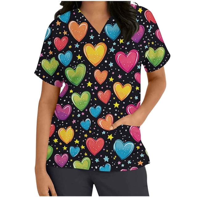 Camiseta de Bolsillo de Manga Corta con Cuello en V Impresa para las Mujeres Verano Casual, Camisetas Impresas para las Mujeres