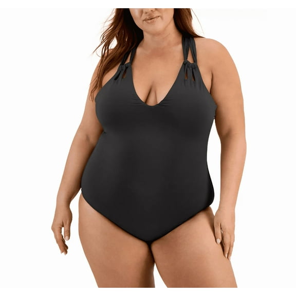 Becca Etc Plus Size Color Code Double-Strap One-Piece Swimsuit, Black, 1X