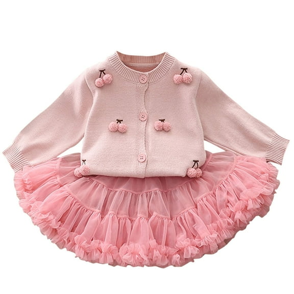 Odeerbi 0-11 Years Toddler Girls Winter Outfits Long Sleeve Cardigan Sweater with Tulle Tutu Skirt Two-piece Set Fashion Knitted Skirt Set Toddler Girls Clothes