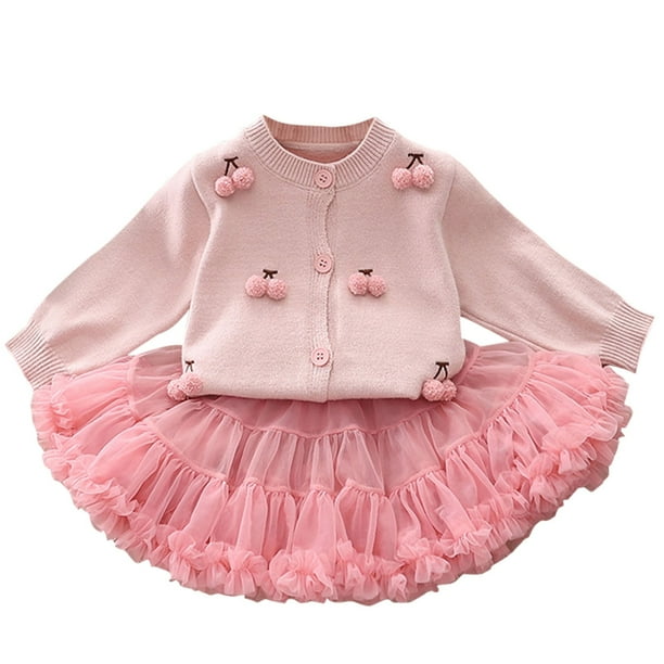 Odeerbi 0-11 Años Conjunto de Niñas de Invierno Chaqueta de Manga Larga Con Suéter Y Falda Tutú de Tul Conjunto de Dos Piezas Falda de Punto