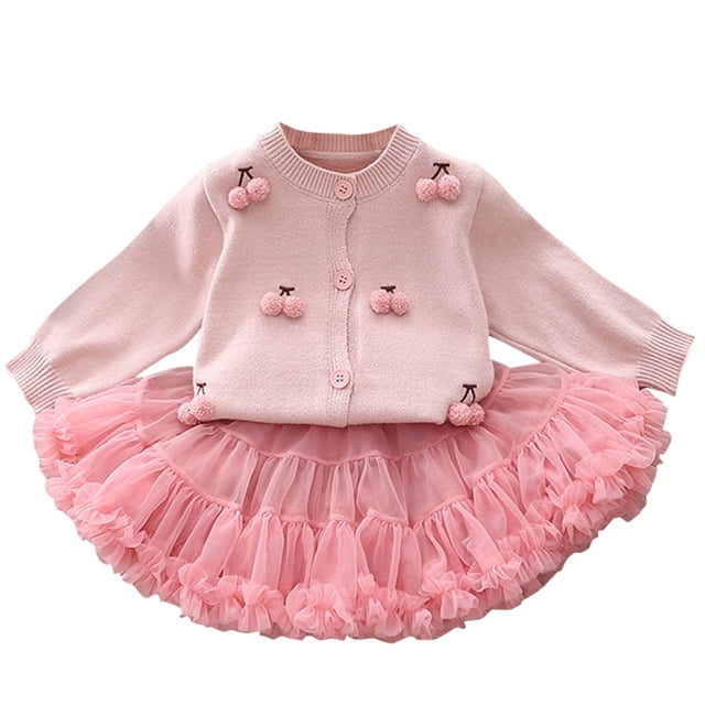 Odeerbi 0-11 Años Conjunto de Niñas de Invierno Chaqueta de Manga Larga Con Suéter Y Falda Tutú de Tul Conjunto de Dos Piezas Falda de Punto