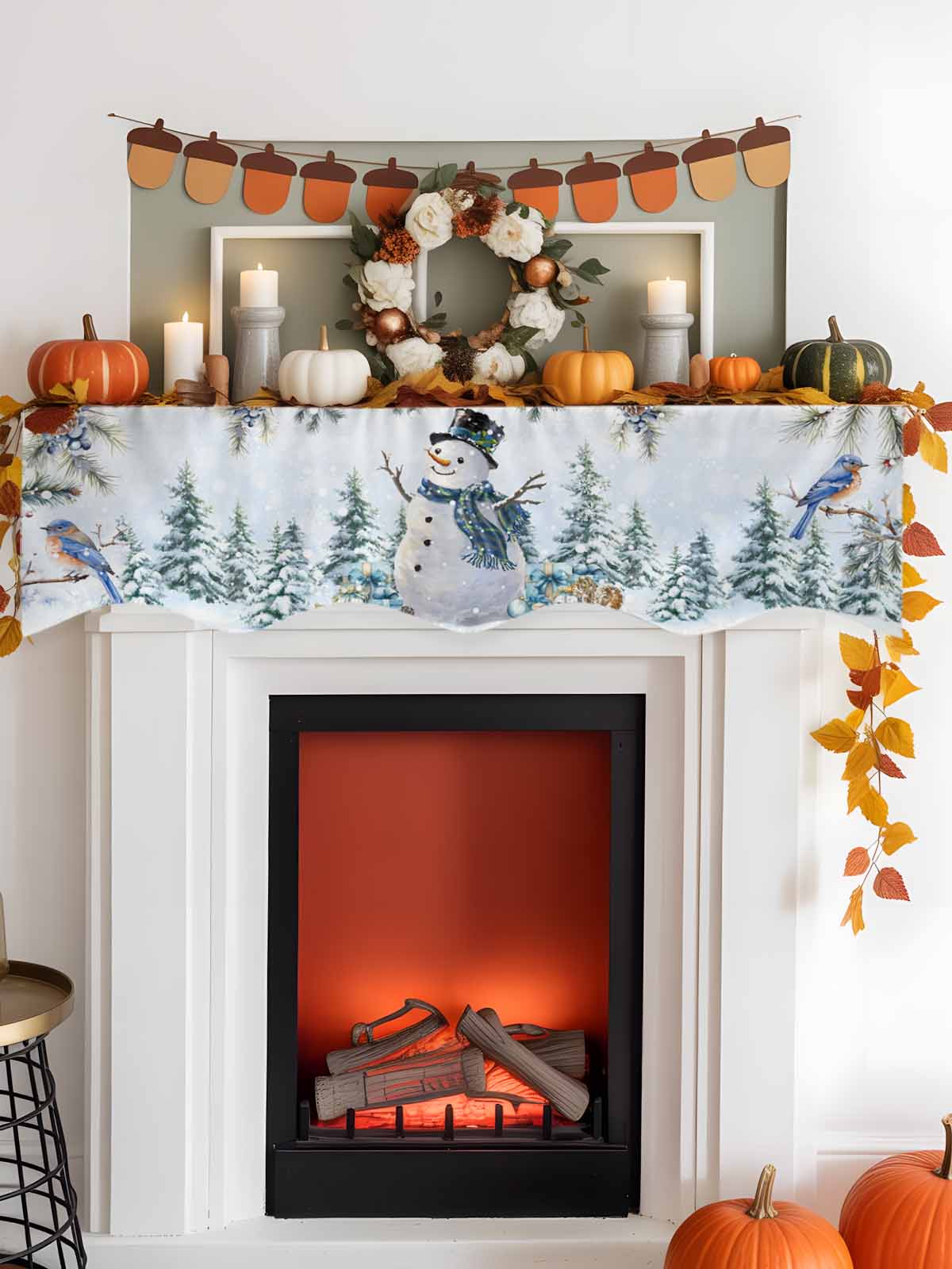 Christmas Snowman Fireplace Mantle Scarf Pine Leaf Forest Birds Berries Blue Snow Mantel Cover Runner Fireplace Cloth for Holiday Party Home Living Room Decor 70 x 17 Inch