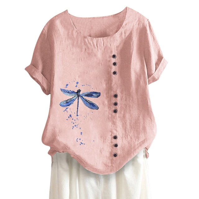 Camisas Para Mujer Tops Blusas Casual Algodón Y Lino Top Impreso Manga Corta Botón Túnica Camiseta Blusa Odeerbi ODB139521