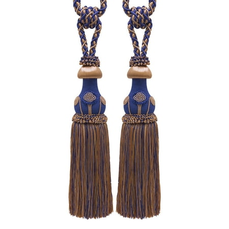 Pair Of Decorative Ultramarine Blue Tan Curtain Drapery Tassel