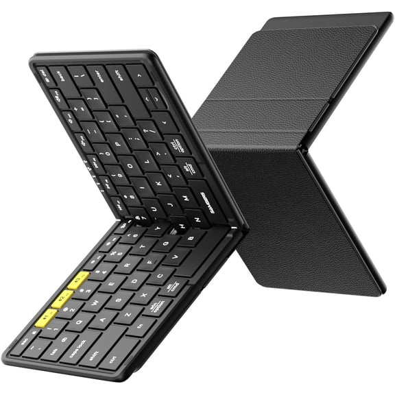 Full-Size Foldable Bluetooth Keyboard, KF08S Wireless Folding Keyboards with PU Leather Cover, Portable Travel for iPhone iPad Smartphone Tablet Laptop, Android Windows Mac OS, Black