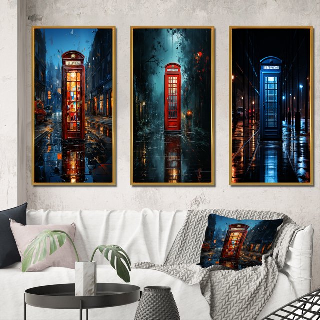 Designart "Urban Icon Red Telephone Booth I" Cityscapes Framed Wall Art Set Of 3 - Red Telephone Booth Frame Gallery Set For Office Decor