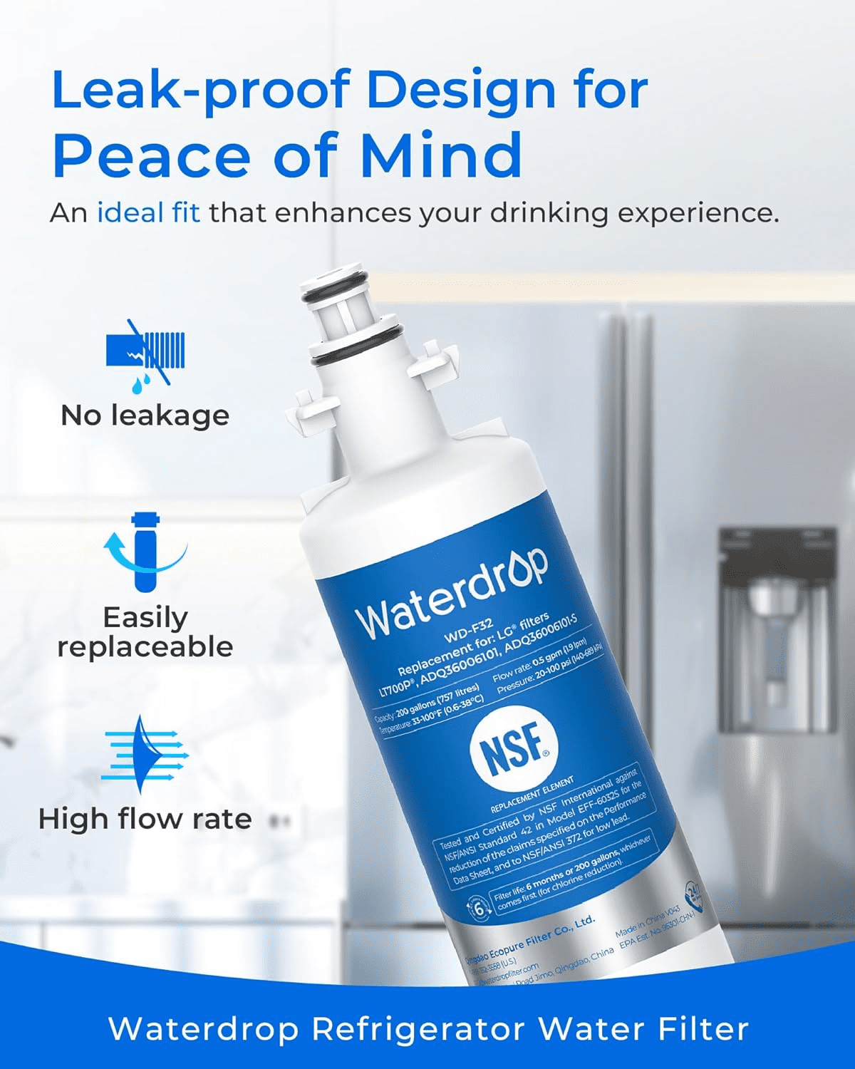 Waterdrop 469690 ADQ36006101 Refrigerator Water Filter, Replacement for LG® LT700P®, Kenmore 469690, 9690, ADQ36006102, Standard, Pack of 6
