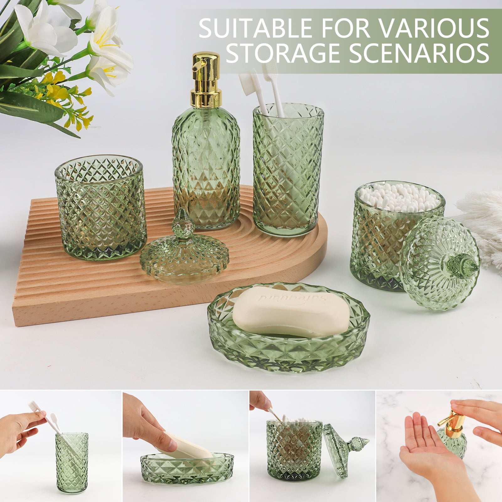 5PCS Bathroom Glass Soap Dispenser Set, Includes 2 Cotton Swab Jars, Cup, Soap Dish, Soap Dispenser, Bathroom Accessories, Green