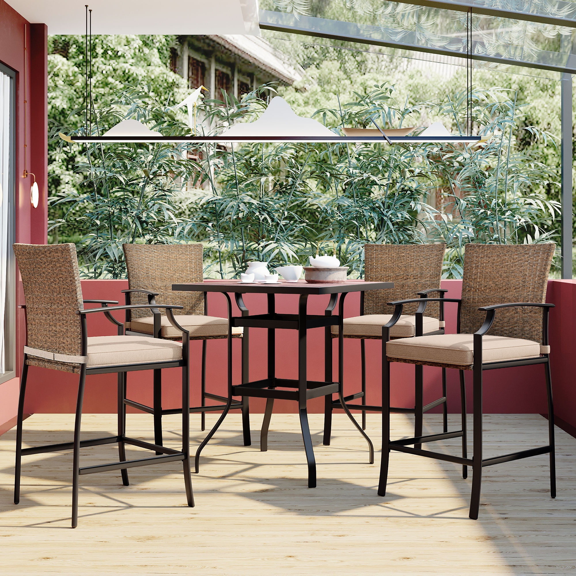 Rattan Wicker Brown 5 Piece Outdoor Patio Table and Chairs Dining Furniture Set 