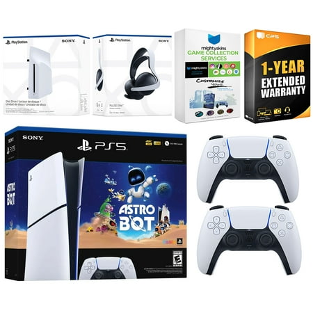 Sony PlayStation 5 Slim Digital Astro Bot Bundle with Disc Drive, Extra Controller, MightySkins Voucher and 1 Year Extended Warranty - Glacier White