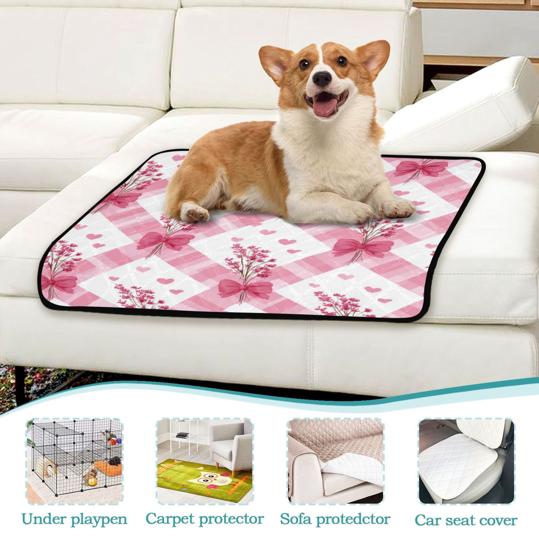 Washable Pet Pee Pads Soft Plush Absorbent Mat Non-Slip Floor Protector for for Dogs & Cats Bows and Wildflowers Pattern