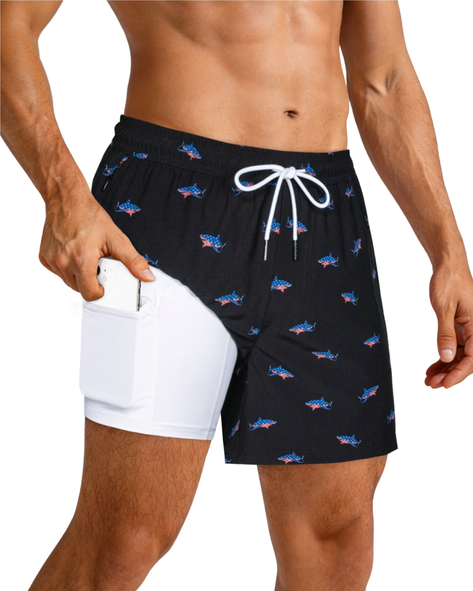 SURF CUZ Mens Swim Trunks with Compression Liner Mens Swimming Trunks 5 Inch Bathing Suit with Zipper Pockets Quick Dry Swim Shorts American Flag Shark XX-Large