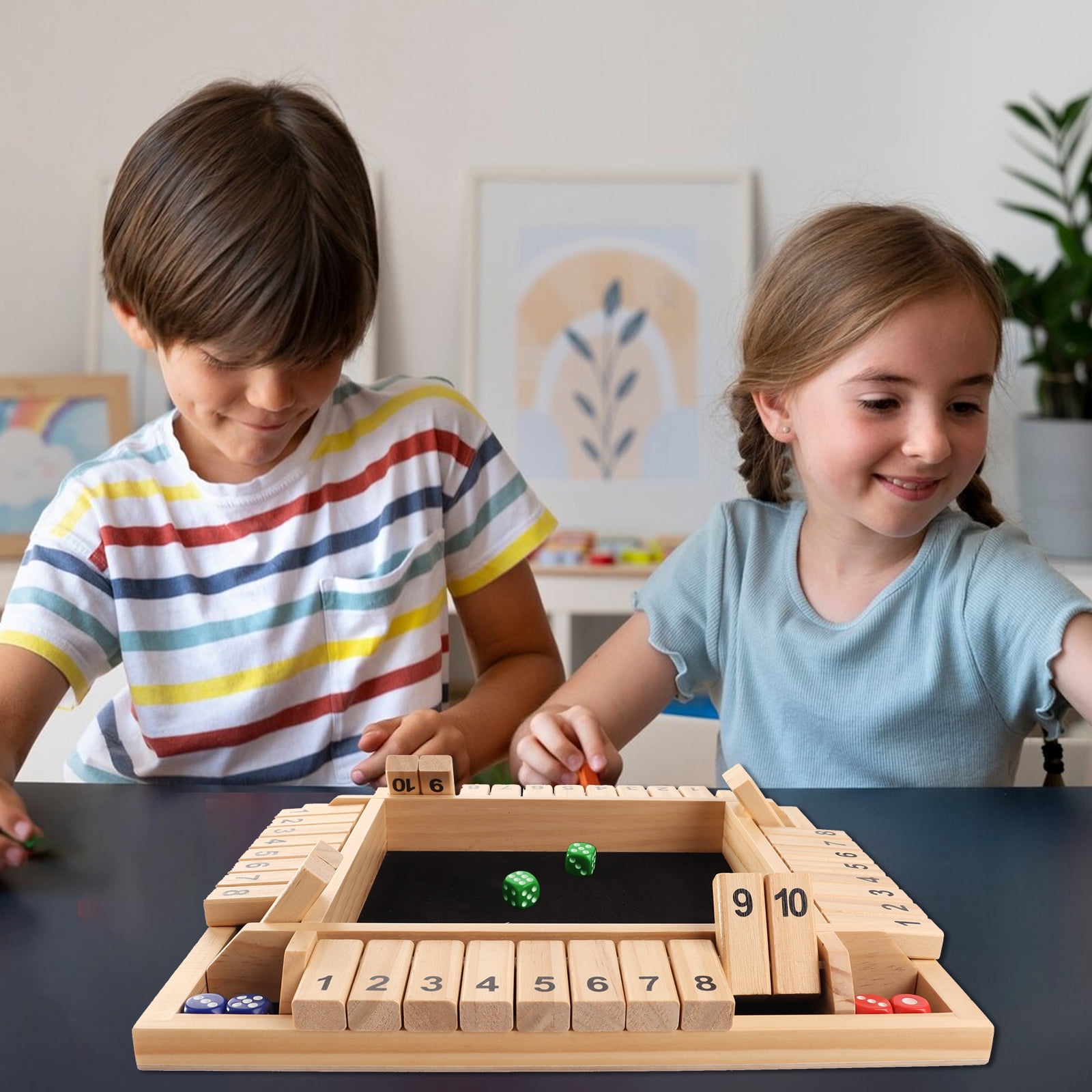 GSE Games & Sports Expert 4-Player 10 Numbers Wooden Shut the Box Dice Board Game with 8 Dices. Classic Tabletop Version of Popular English Pub Game - Natural Wood