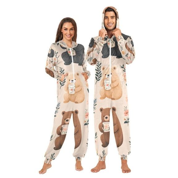 Bears Flowers Leaves Cups Adult Onesie Pajamas Slim Fit Christmas One Piece Suit Pjs for Women and Men Hooded Zipper
